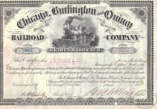 Chicago Burlington and Quincy Railroad Co. Сертификат на 100 акций. $10000, 1881 год.