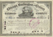Chicago Burlington and Quincy Railroad Co. Сертификат на 50 акций. $5000, 1892 год.