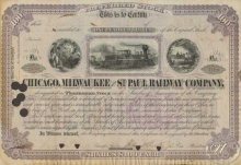Chicago,Milwaukee and St.Paul Railway Co. Сертификат на 100 акций. $10000, 1886 год.
