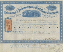 Columbus and Indianapolis Railroad Co. Сертификат на 4 акции. $200, 1864 год.