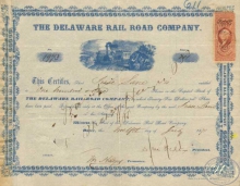 Delaware Railroad Co.Сертификат на 101 акцию. $2525, 1871 год.