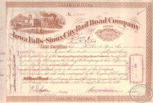 Iowa Falls City Railroad Co.Сертификат на 100 акций. $10000, 1880 год.