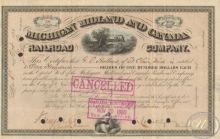 Michigan,Midland and Canada Railroad Co. Сертификат на 100 акций, $10000, 1873 год.