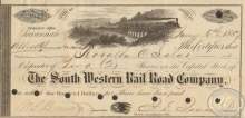 South Western Railroad Co.Сертификат на 2 акции, $200, 1887 год.