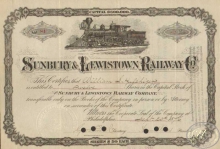 Sunbury Lewistown Railway Co. Сертификат на 12 акций, $600, 1876 год.