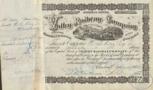 Valley Railway Co. Сертификат на 20 акций, $1000, 1874 год.