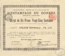 Estampage du Donetz. АО Штамповочного(чеканного) Производства Донецка. Сертификат на акцию, 1909 год.