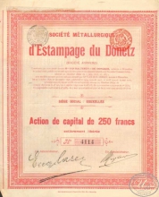 Estampage du Donetz. АО Штамповочного (чеканного) Производства Донецка.  Акция в 250 франков, 1895 год.