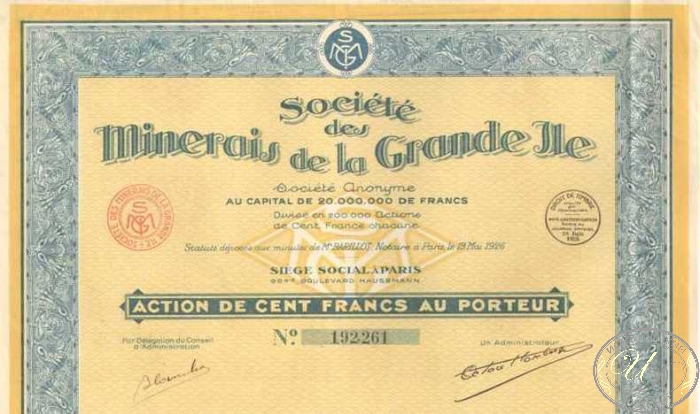 Minerais de la Grande Ile. Акция в 100 франков, 1926 год. ― ООО "Исторический Документ"