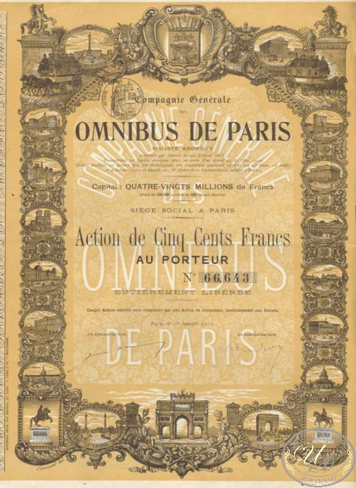 Omnibus de Paris. Акция в 100 франков,1912 год. ― ООО "Исторический Документ"