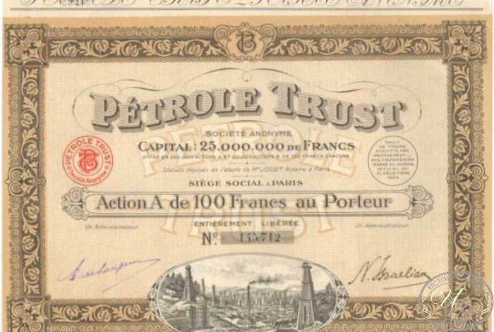 Petrole Trust. Акция в 100 франков, 1924 год. ― ООО "Исторический Документ"