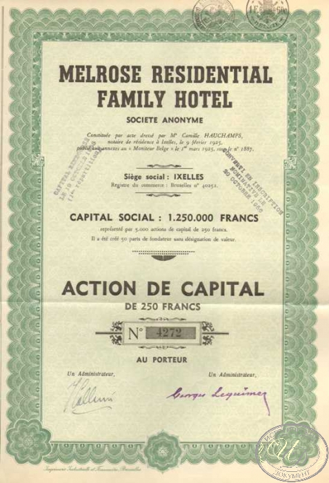 Melrose Residential Family Hotel. Акция в 250 франков, 1955 год ― ООО "Исторический Документ"
