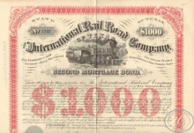 International Rail Road Co. Заем в $1000, 1874 год.