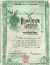 Мексика. Banco Central Mexicano,акция. 1908 год.