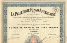 Pelleterie Russo-Americaine SA (пушнина). Русско-Американское АО Меховой промышленности. Акция в 100 франков, 1926 год.