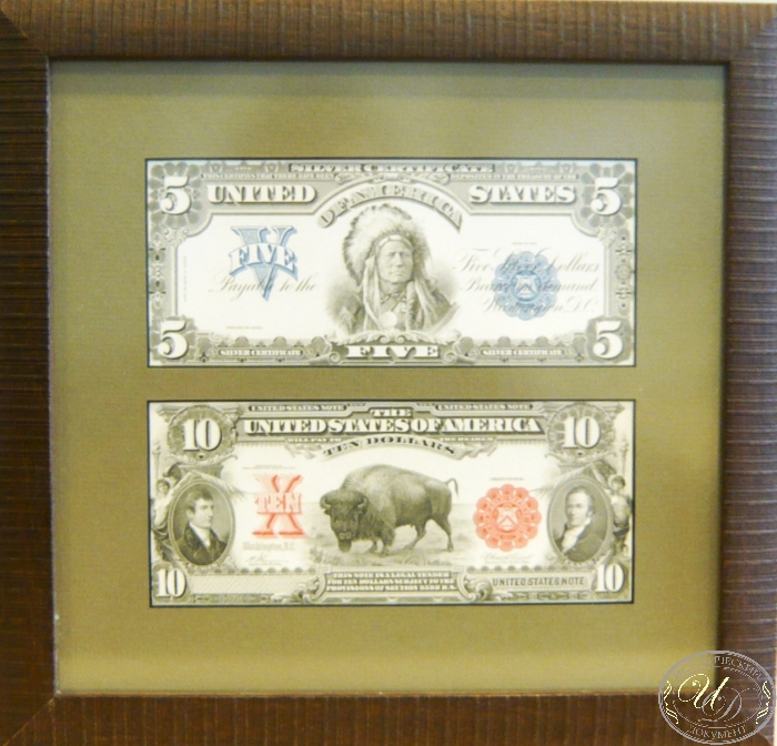Коллекционный оттиск банкнот в 5 и 10 долларов (аверс) 1899 года. Оформление в дерево, паспарту, антибликовое стекло. ― ООО "Исторический Документ"