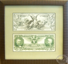 Коллекционный оттиск банкноты в 5 долларов (аверс и реверс) 1896 года. Оформление в дерево, паспарту, антибликовое стекло.