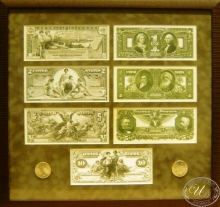 Коллекционный оттиск банкнот в 1, 2, 5  долларов (аверс и реверс), 10  долларов (аверс) и монета в 1 доллар (аверс и реверс) 1896 года. Оформление в дерево, паспарту, антибликовое стекло.