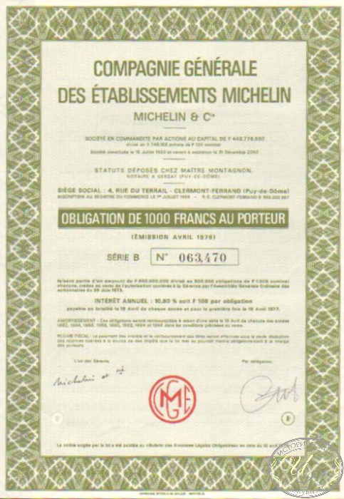 Compaigne Francaise des Pneumatiques Michelin. Облигация в 1000 франков, 1976 год. ― ООО "Исторический Документ"