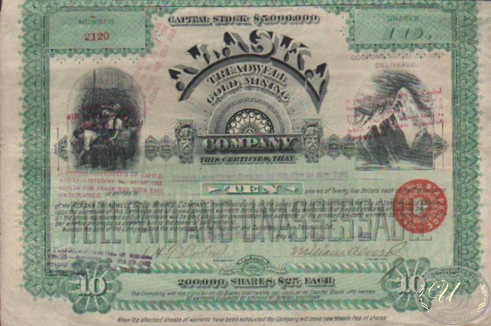 Alaska Treadwell Gold Mining Company. Сертификат на 10 акций, 1890 год. ― ООО "Исторический Документ"