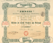 Emress. Material automobile industriel. Акция в 100 франков, 1907 год.