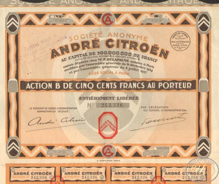 Andre Citroen SA.  Акция в 500 франков, 1927 год. ― ООО "Исторический Документ"