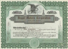 Deppe Motors Corporation. Свидетельство на 100 акций, 1927 год.