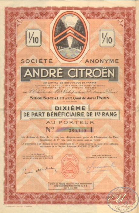Andre Citroen SA. Пай 1-го ранга, 1937 год. ― ООО "Исторический Документ"