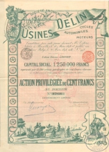 Usines Delin SA. Акция привилегированная в 100 франков, 1898 год.