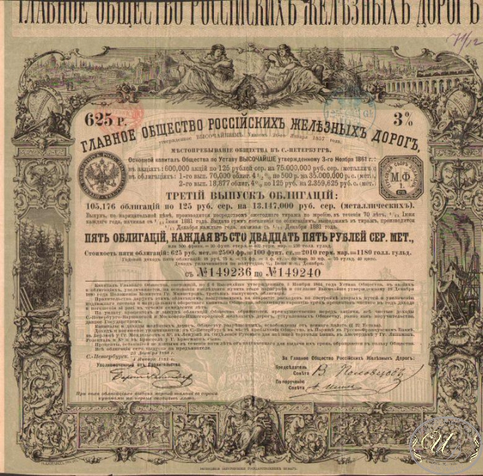 Главное Общество Российских Железных Дорог. Облигация в 625 рублей, 1880 год. ― ООО "Исторический Документ"