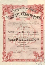 Campaigne Russo-Belge de Produits Ceramiques SA. Русско-Бельгийское АО Керамических продуктов. Акция привилегированная в 250 франков, 1898 год.