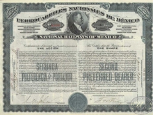 Мексика. FerroCarriles Nacionales de Mexico. Акция в $100, 1910 год.