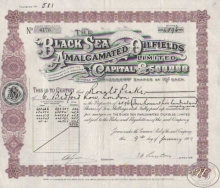 Тhe Black Sea Amalgamated Oilfields Ltd. Сертификат на 4596 акций, 1919 год.