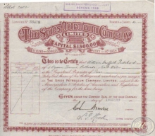 The Spies Petroleum Сompany Ltd. Сертификат на 4 акции, 1919 год.