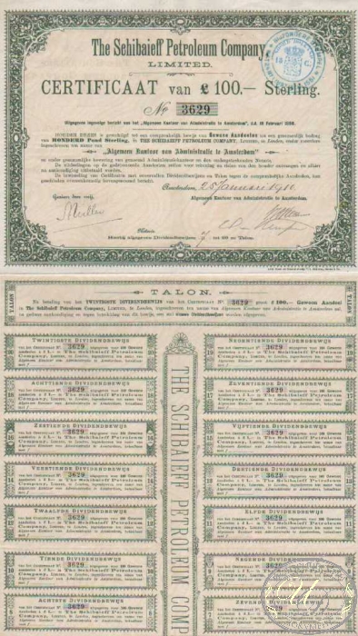 The Schibaieff Petroleum Company Ltd. Сертификат на 100 ф.стерлингов, 1910 год. ― ООО "Исторический Документ"