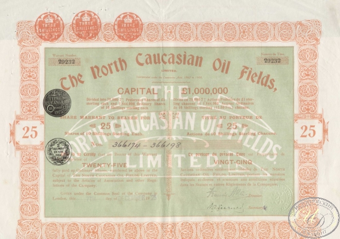 The North Caucasian Oil Fields Ltd. Сертификат на 25 акций, 1925 год. ― ООО "Исторический Документ"