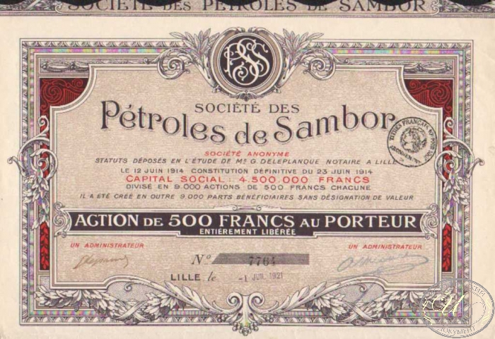 Petroles de Sambor. Акция в 500 франков, 1921 год. ― ООО "Исторический Документ"