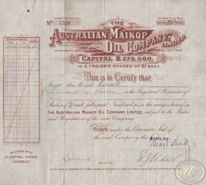 Australian Maikop Oil Co. Ltd. Сертификат на 30 акций (60 ф.стерлингов), 1910 год.