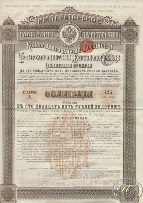 Консолидированная 4% Железнодорожная Облигация в 125 рублей, 1-я серия, 1889 год. ― ООО "Исторический Документ"